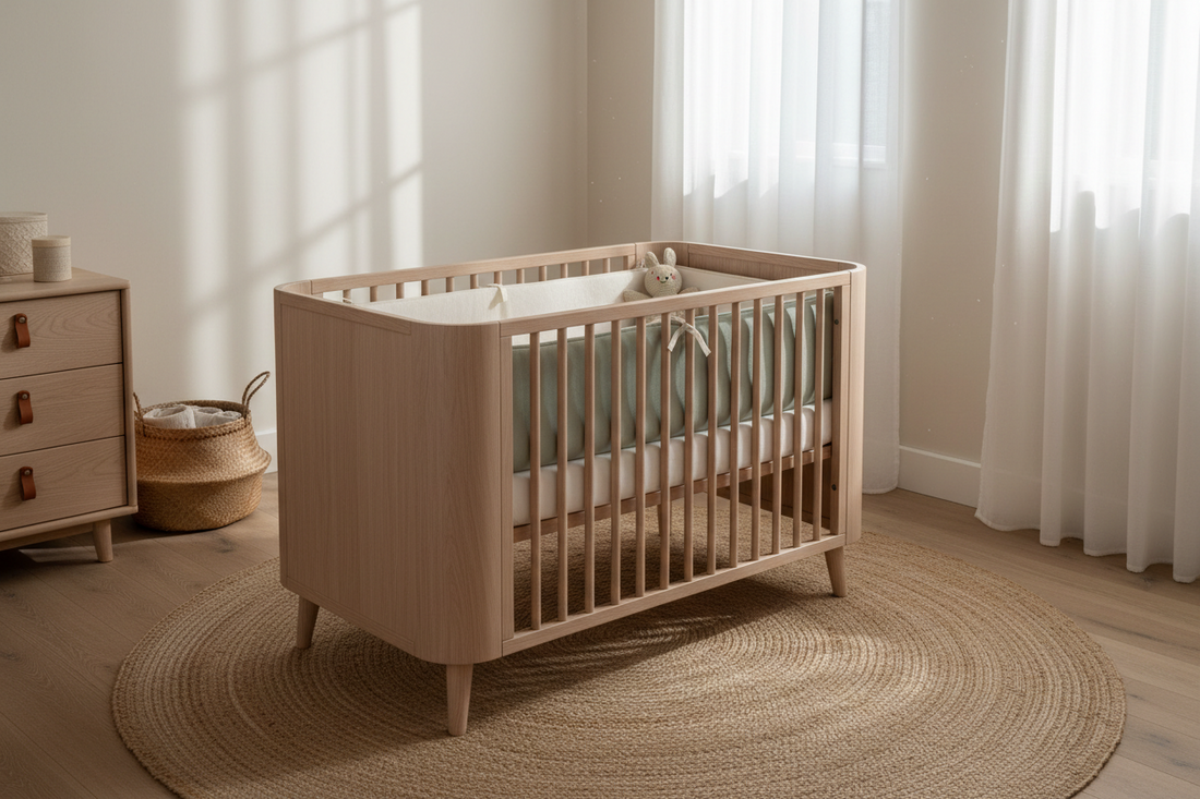 Tour de lit bébé en maille respirante style nordique dans une chambre bébé minimaliste aux tons pastel — Bebichic