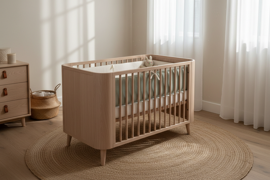 Tour de lit bébé en maille respirante style nordique dans une chambre bébé minimaliste aux tons pastel — Bebichic