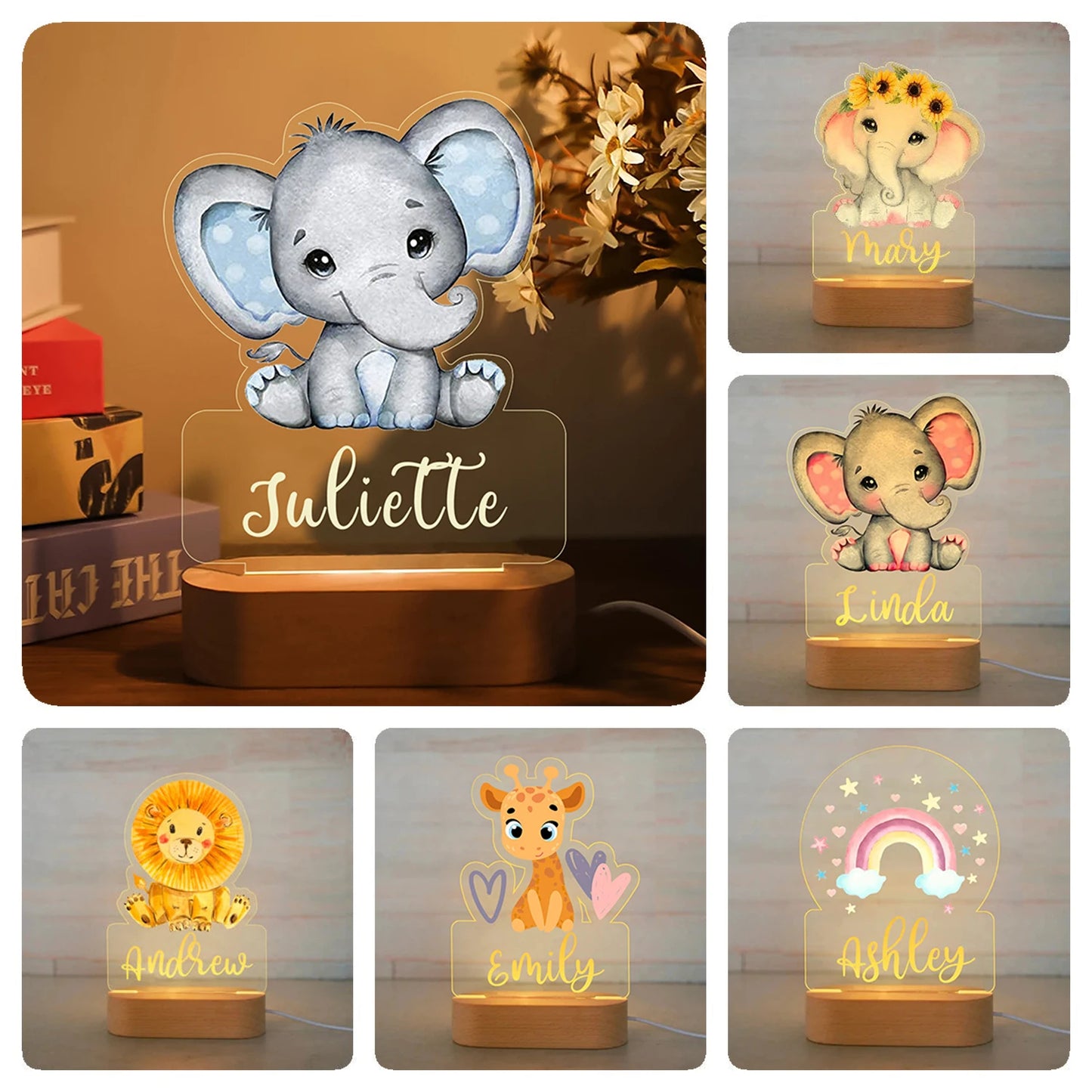 Veilleuse Prénom Personnalisée Bébé – Lampe Animal LED 7 Couleurs