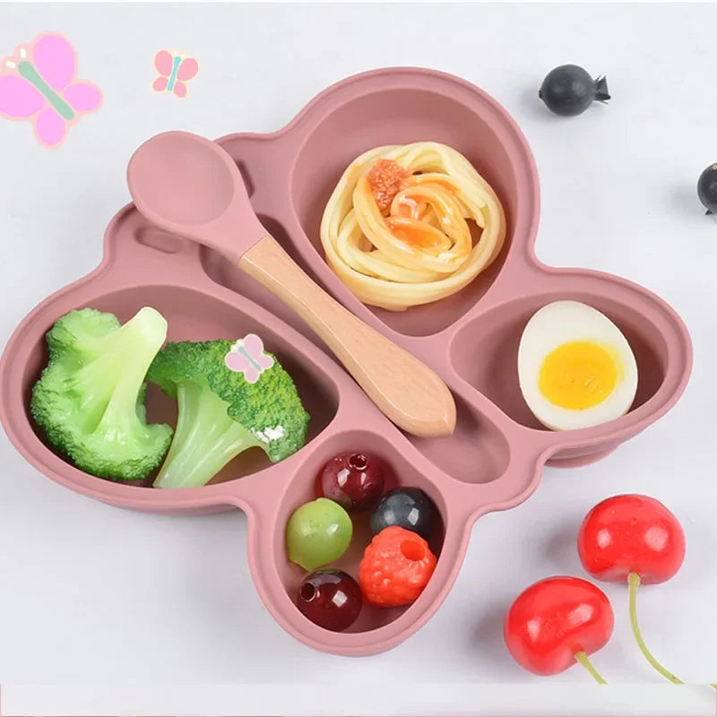 Ensemble repas bébé papillon en silicone, assiette à ventouse + cuillère
