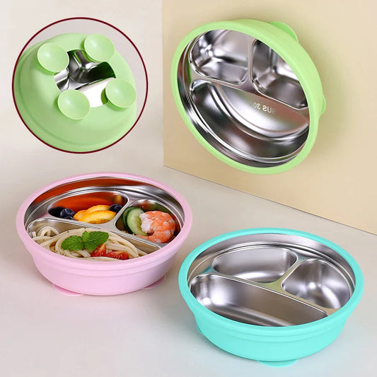 Assiette Ventouse Silicone & Inox Enfant avec Cuillère – Sans BPA