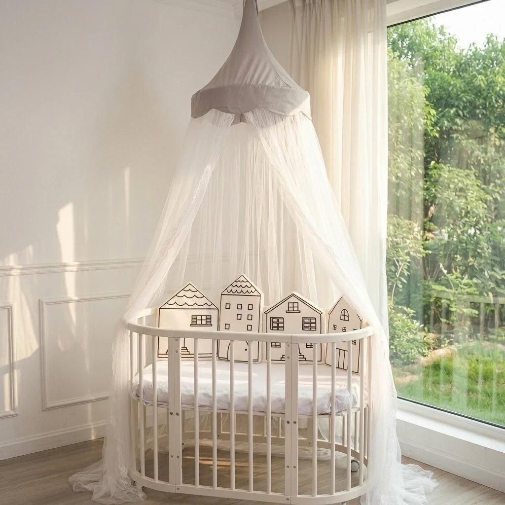 Moustiquaire Princesse Dôme Rond Lit Suspendu Berceau Bébé avec Dentelle