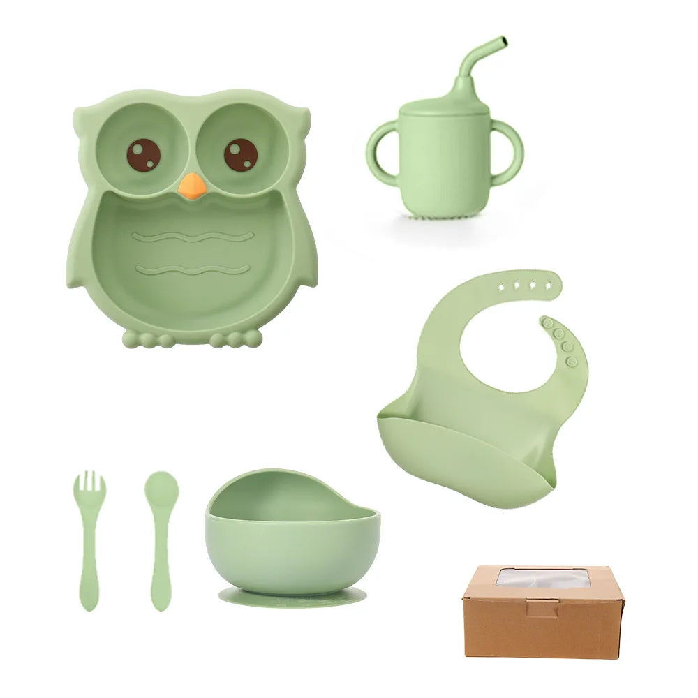 Ensemble repas bébé hibou en silicone 6 pièces | YC