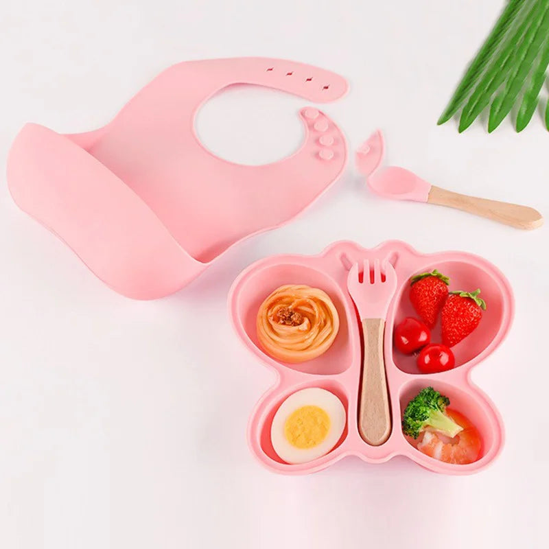 Ensemble repas bébé papillon en silicone, assiette à ventouse + cuillère