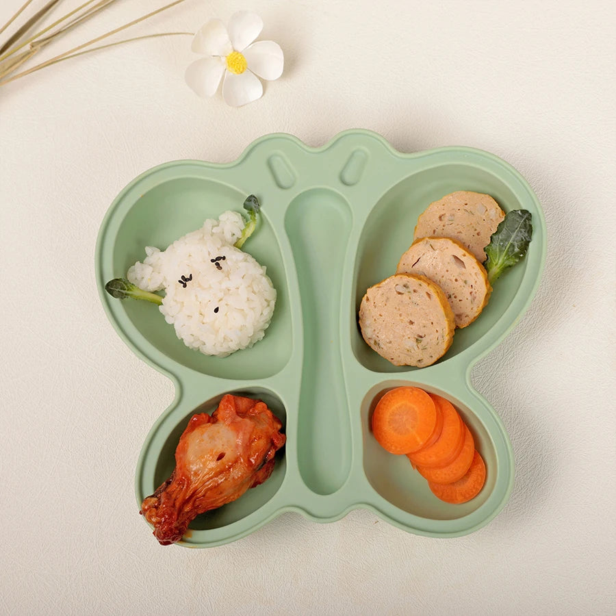 Ensemble repas bébé papillon en silicone, assiette à ventouse + cuillère