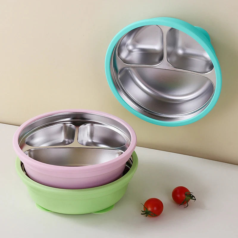 Assiette Ventouse Silicone & Inox Enfant avec Cuillère – Sans BPA