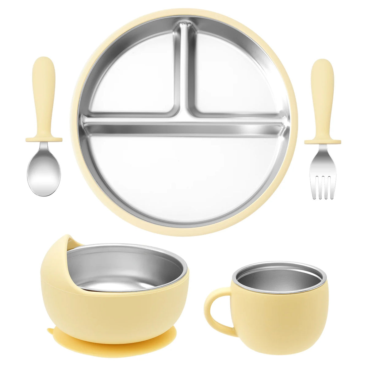 Set Vaisselle Bébé 5 Pièces Inox & Silicone – Bol Ventouse Sans BPA