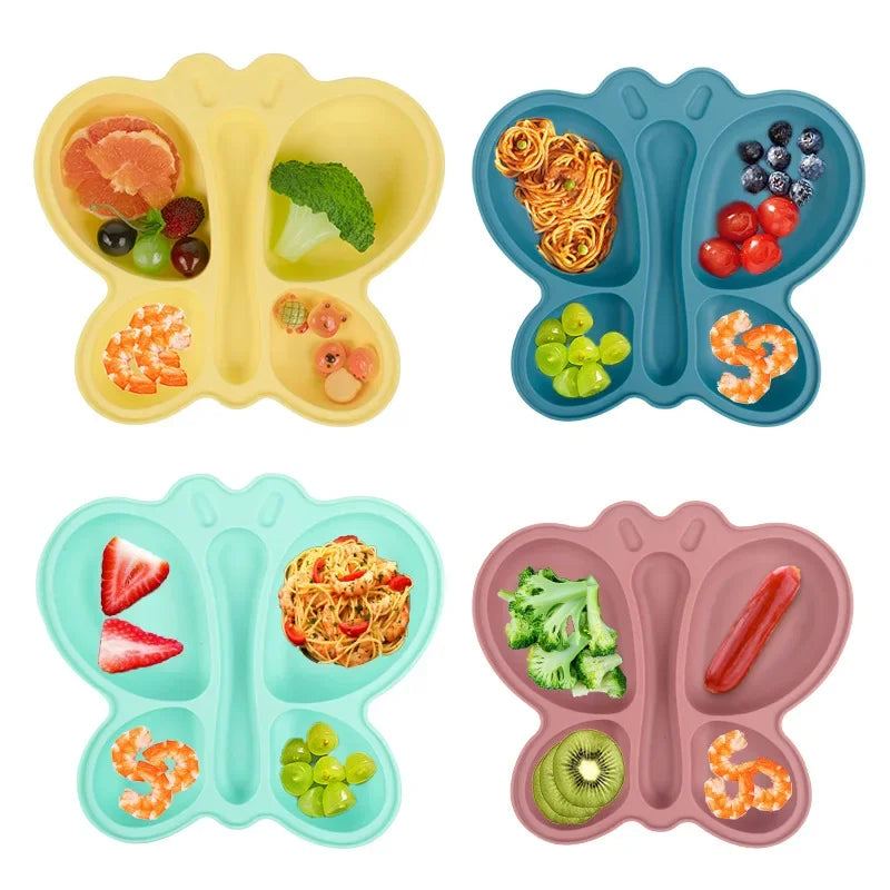 Ensemble repas bébé papillon en silicone, assiette à ventouse + cuillère
