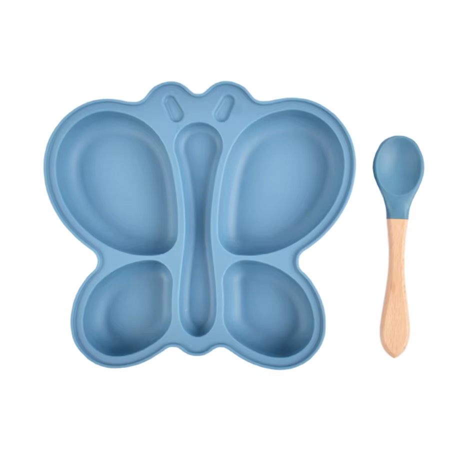 Ensemble repas bébé papillon en silicone, assiette à ventouse + cuillère