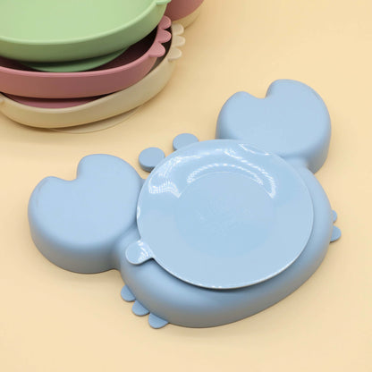 Assiette Silicone Bébé Ventouse Crabe – Compartiments & Couverts en Bois