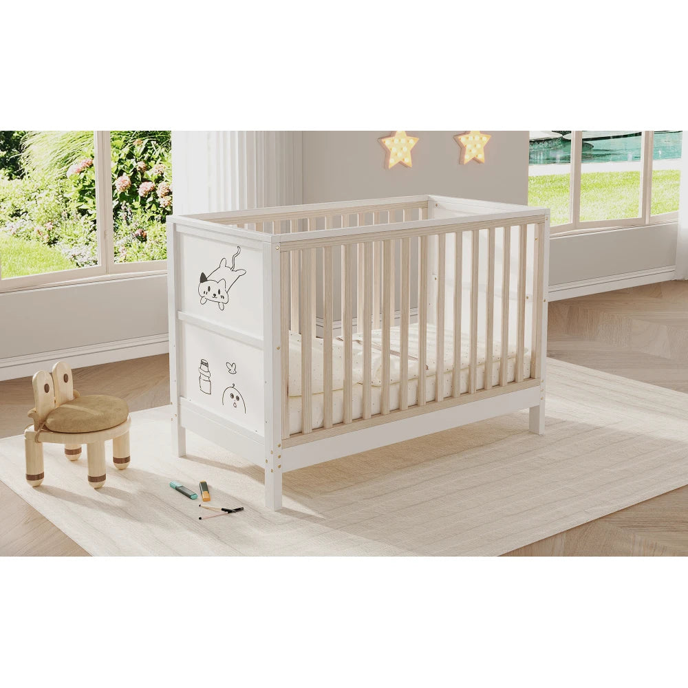 Lit bébé en pin massif avec panneaux à peindre – 120 x 60 cm, 3 hauteurs, convertible