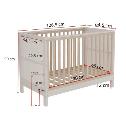 Lit bébé en pin massif avec panneaux à peindre – 120 x 60 cm, 3 hauteurs, convertible