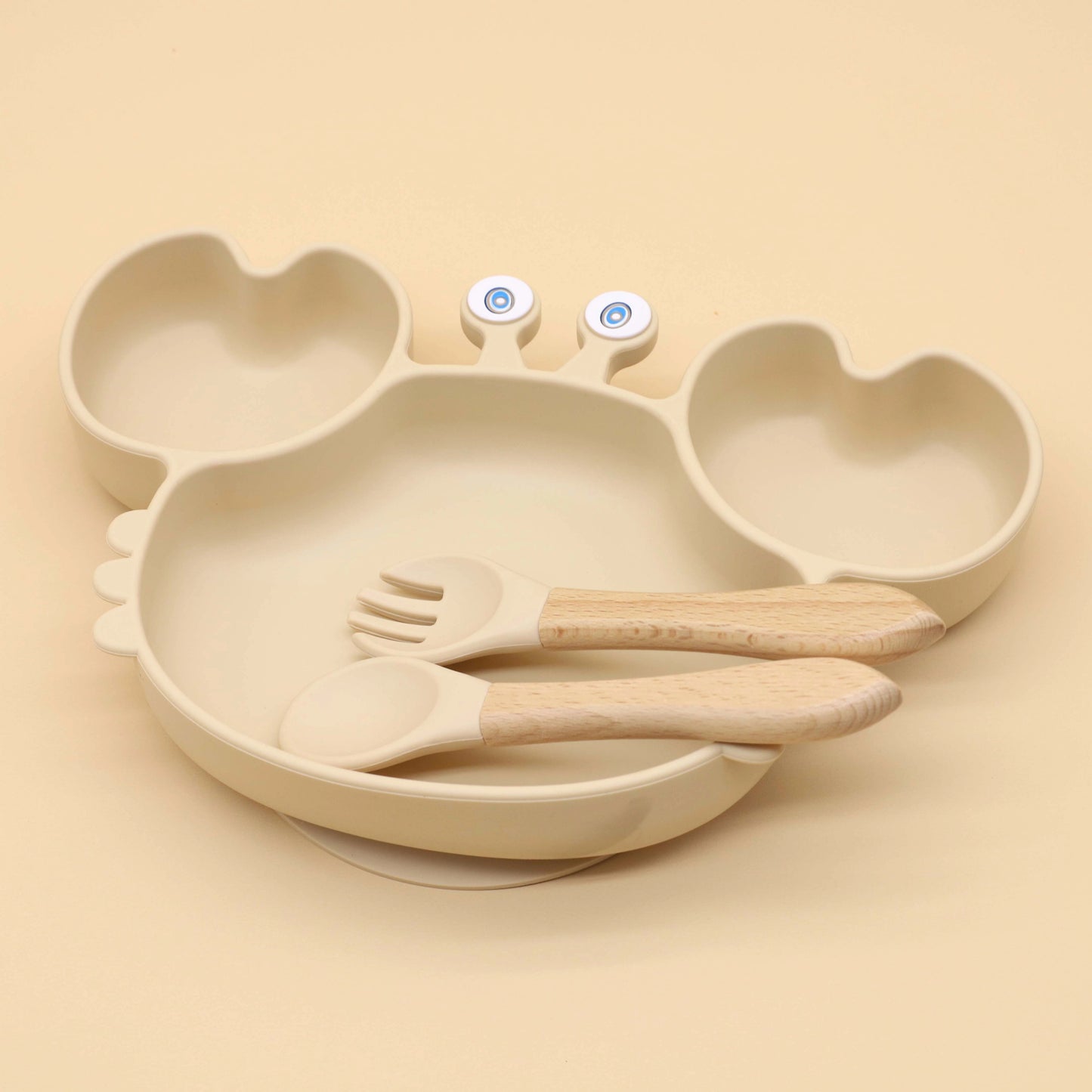 Assiette Silicone Bébé Ventouse Crabe – Compartiments & Couverts en Bois