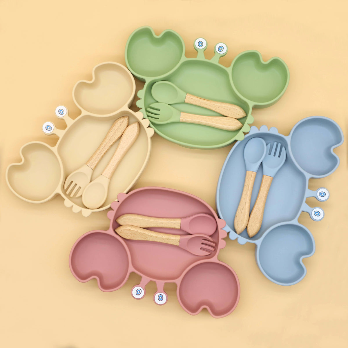 Assiette Silicone Bébé Ventouse Crabe – Compartiments & Couverts en Bois