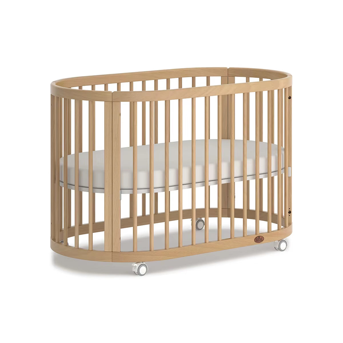 Lit Bébé Ovale Oasis Boori – Multifonctionnel 3 en 1, Bois Massif, Roulettes, 0-12 Ans