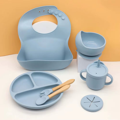 Ensemble Vaisselle Silicone Bébé 7 Pièces – Bavoir, Bol Ventouse, Tasse & Couverts