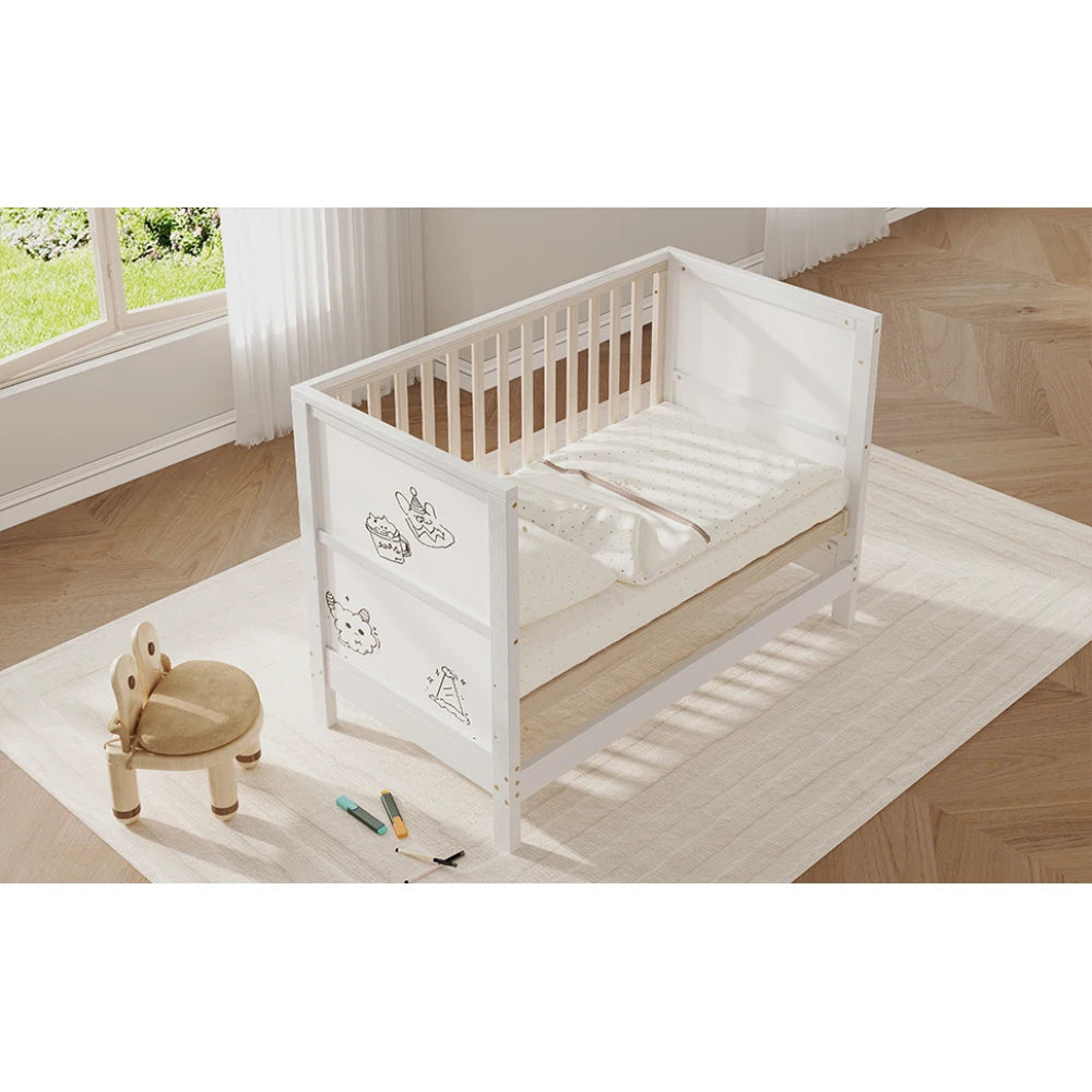 Lit bébé en pin massif avec panneaux à peindre – 120 x 60 cm, 3 hauteurs, convertible
