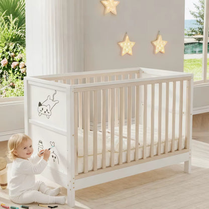Lit bébé en pin massif avec panneaux à peindre – 120 x 60 cm, 3 hauteurs, convertible