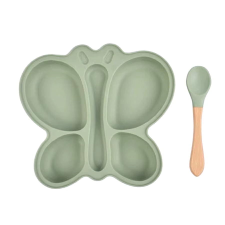 Ensemble repas bébé papillon en silicone, assiette à ventouse + cuillère