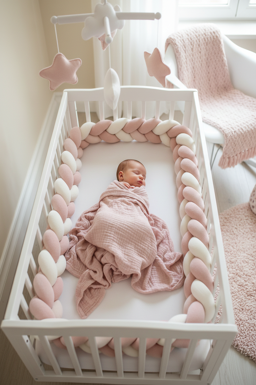 Bébé et tour de lit tressé pastel