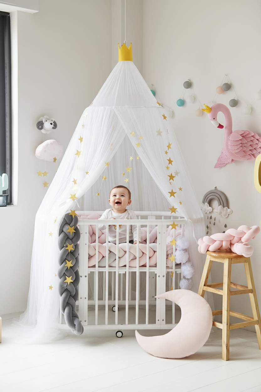 Baldaquin blanc bébé souriant