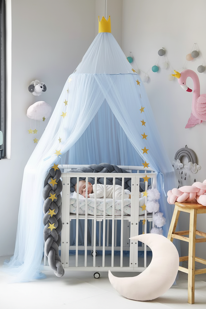 Baldaquin bleu bébé dort