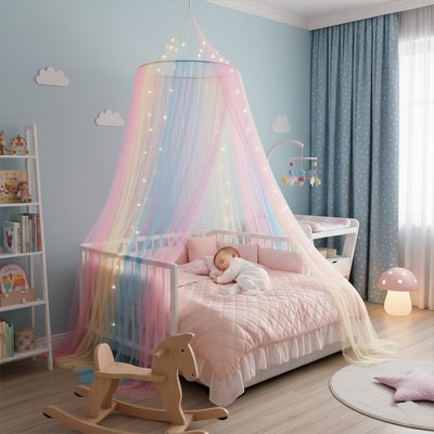 Ciel de lit rose, bleu, jaune et blanc 