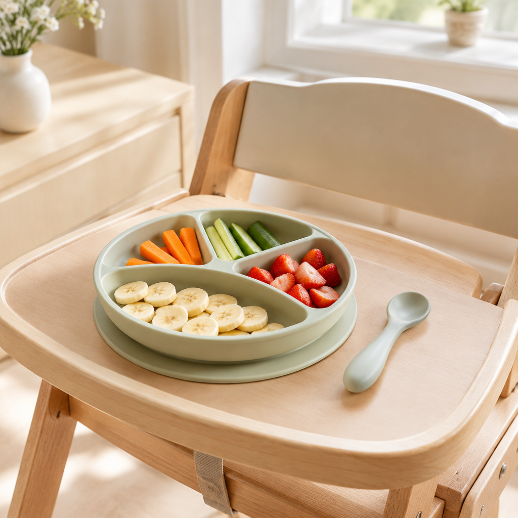 Ensemble repas bébé en situation sur chaise haute