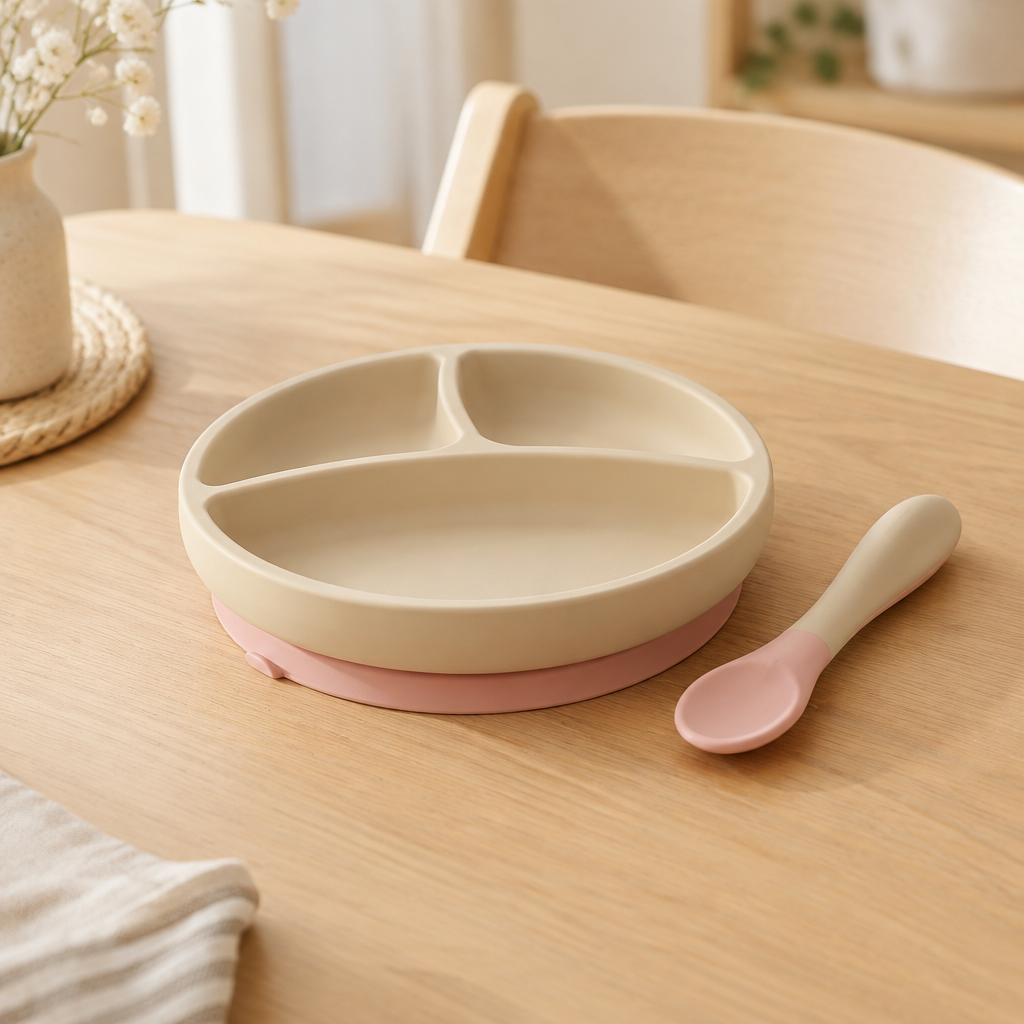 Ensemble repas bébé premium sur table claire