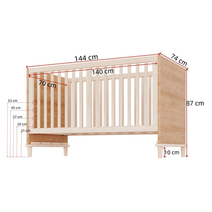 Lit Bébé en Bois Naturel – Hauteur Réglable 5 Positions | 70x140 cm