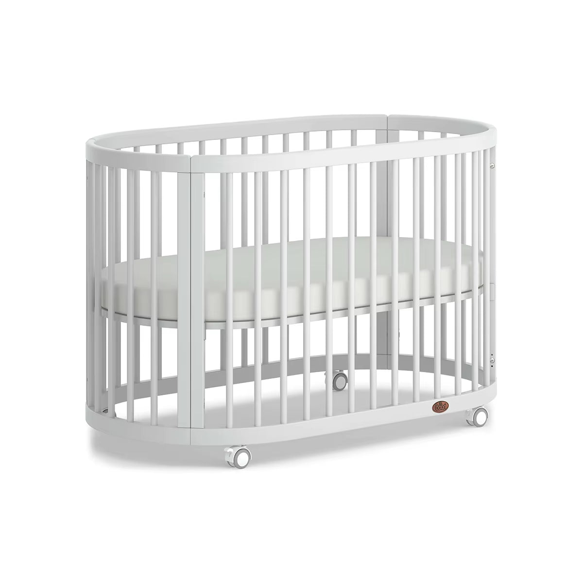 Lit Bébé Ovale Oasis Boori – Multifonctionnel 3 en 1, Bois Massif, Roulettes, 0-12 Ans