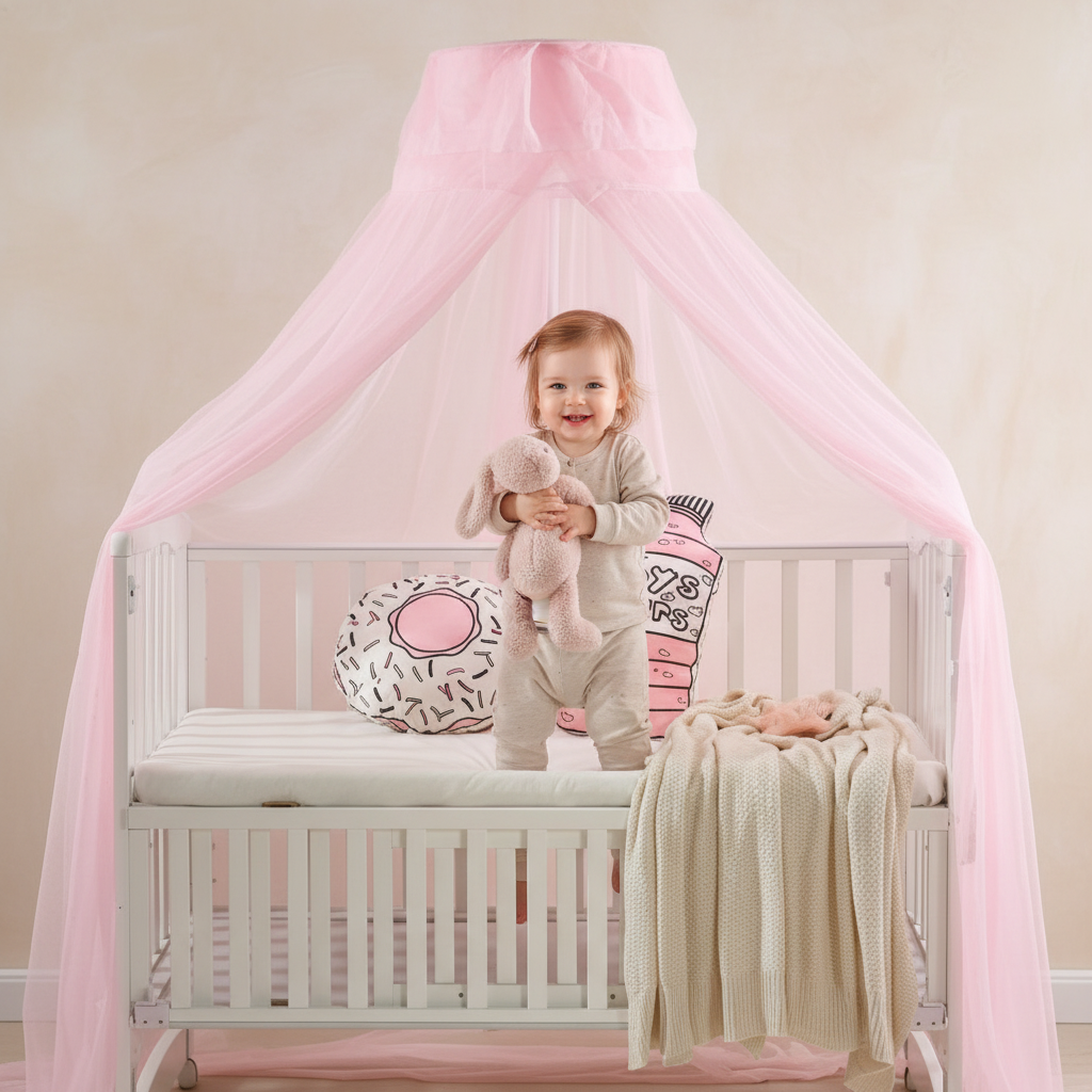 Enfant debout sous ciel de lit rose avec doudou