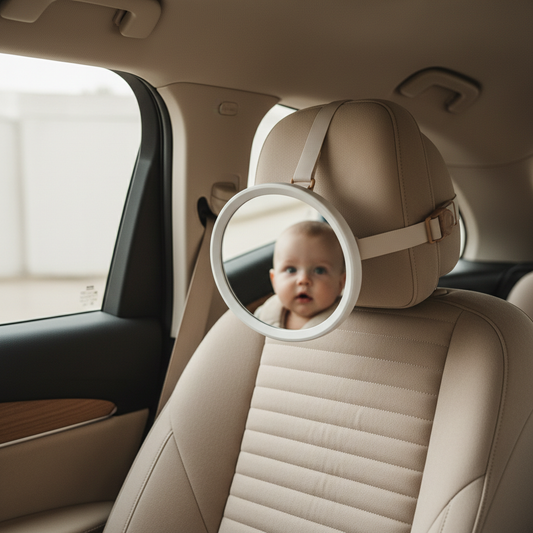 Rétroviseur bébé installé sur appuie-tête, intérieur beige nordique