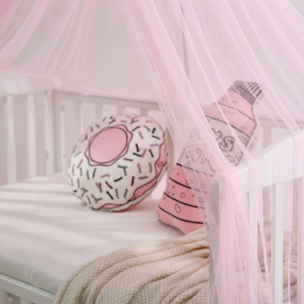 Détail tissu maille rose ciel de lit bébé