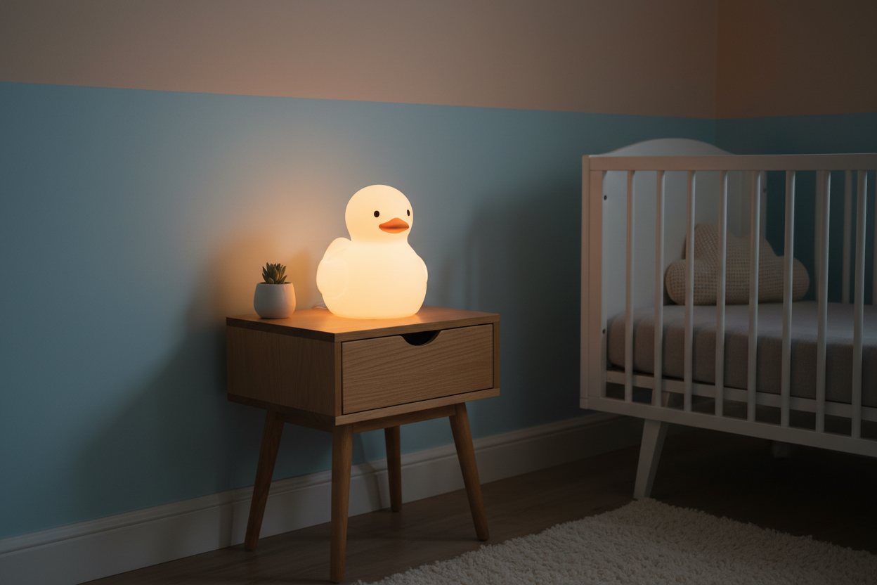 Veilleuse canard dans une nursery cosy