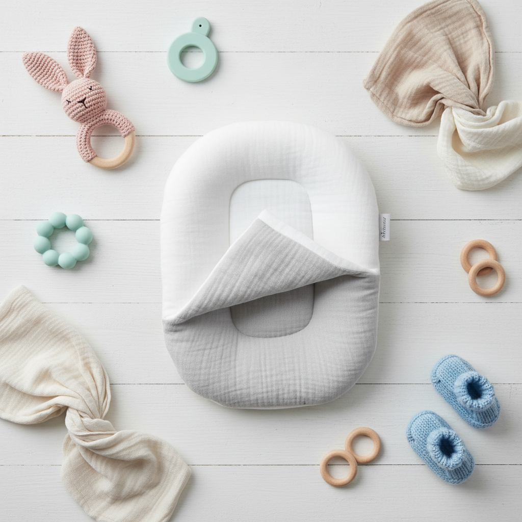 Flat lay coussin bébé double face sur fond blanc