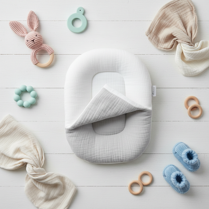 Flat lay coussin bébé double face sur fond blanc