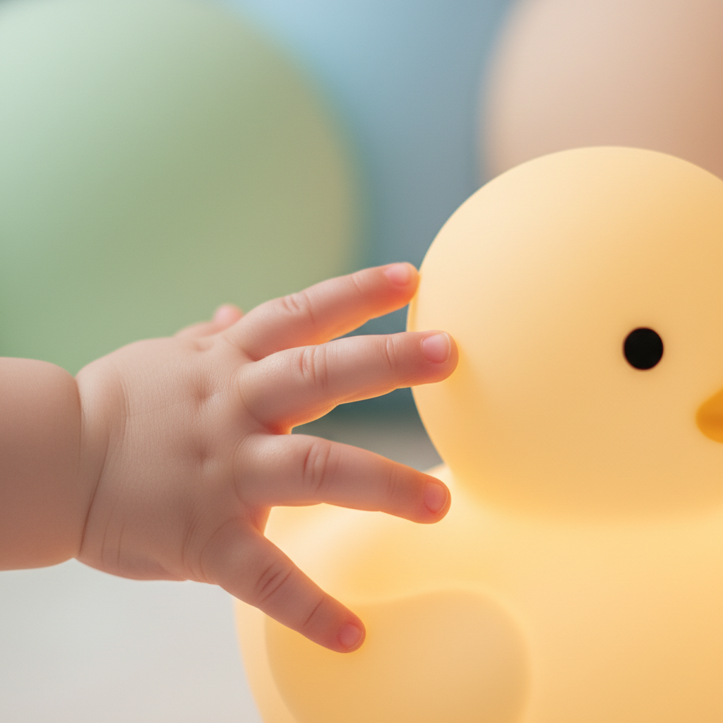 Main de bébé touchant la veilleuse canard