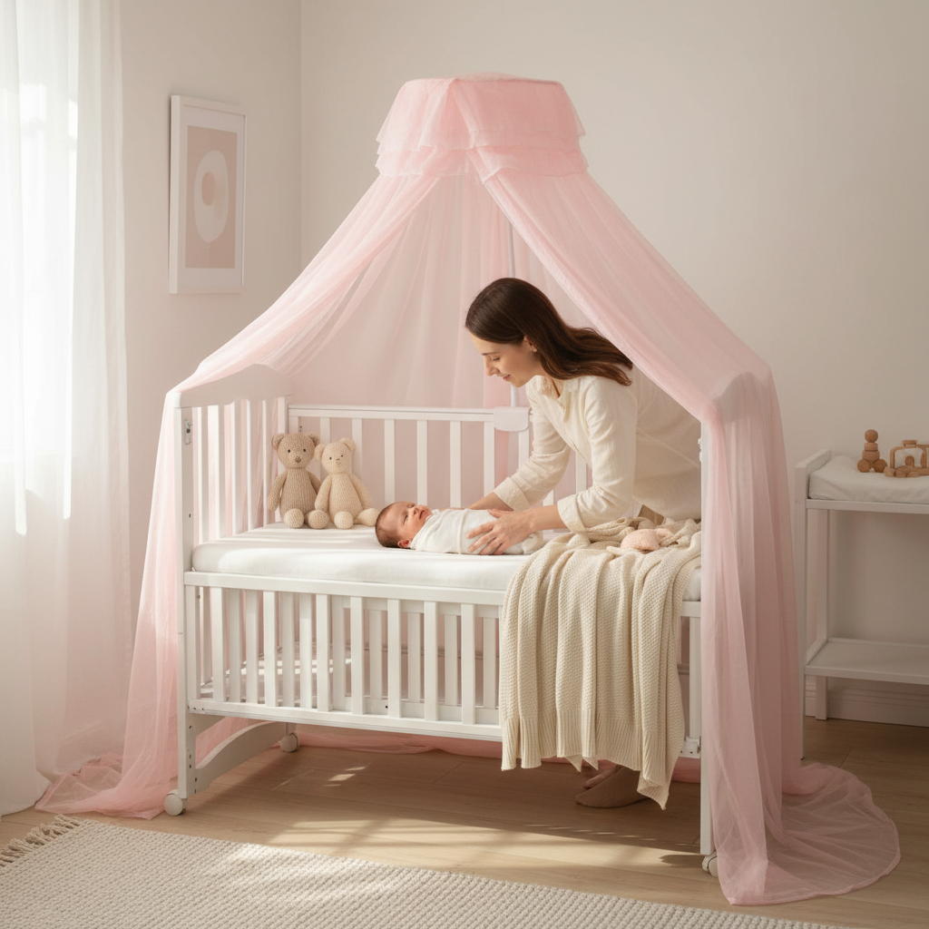 Maman et bébé sous ciel de lit rose