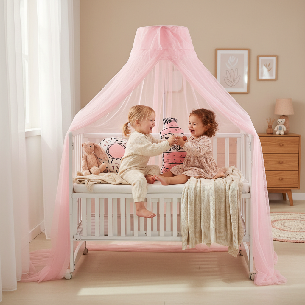 Deux petites filles jouant sous ciel de lit rose