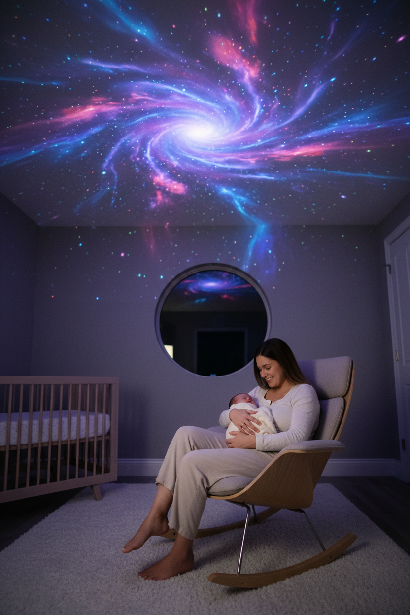 Maman et bébé sous projections galaxie