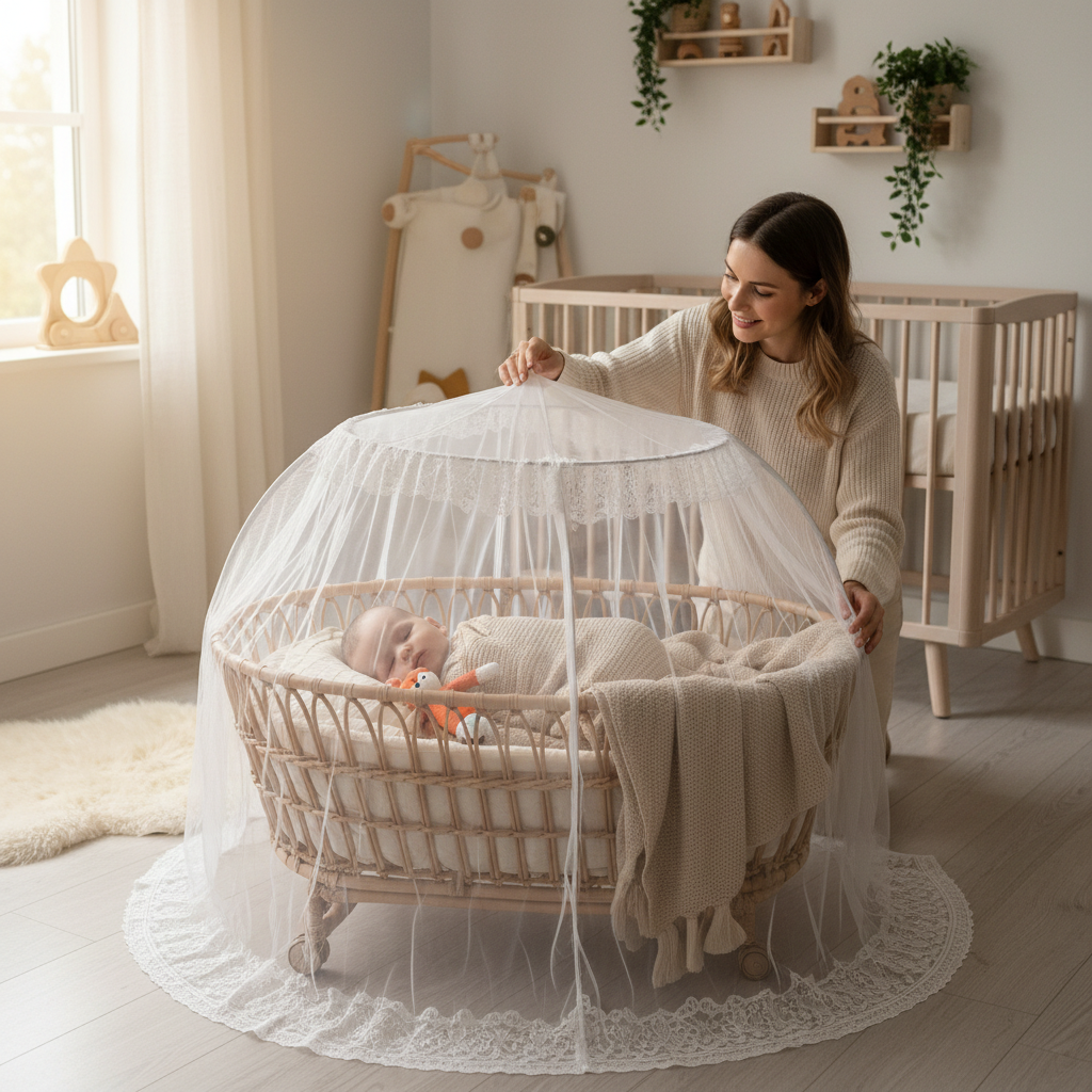 Maman installant la moustiquaire sur bébé