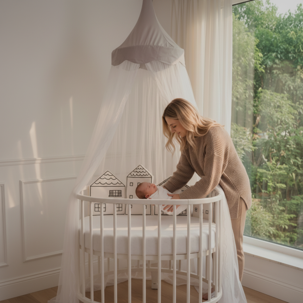 Maman installe bébé sous moustiquaire grise