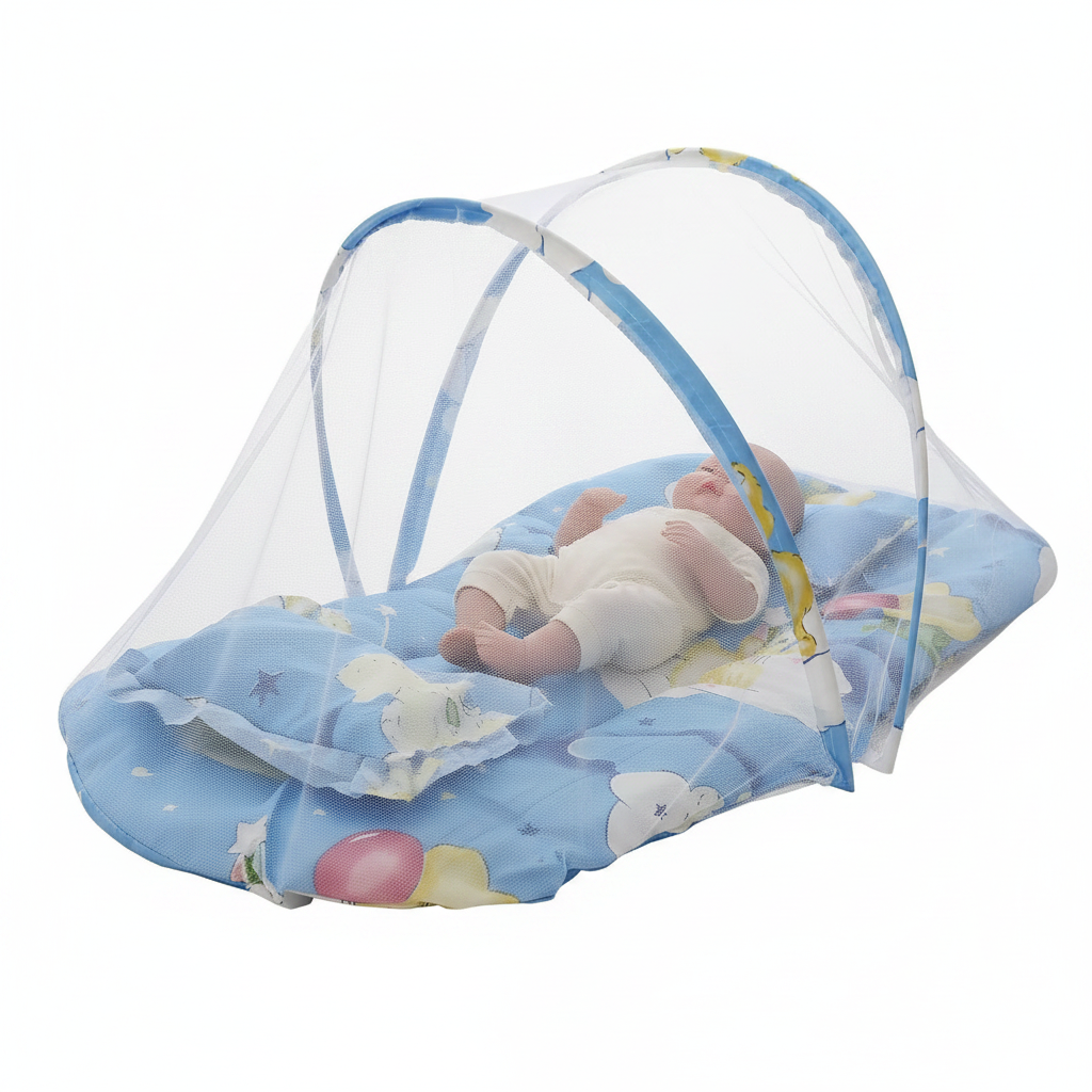 Moustiquaire bleue bébé fond blanc