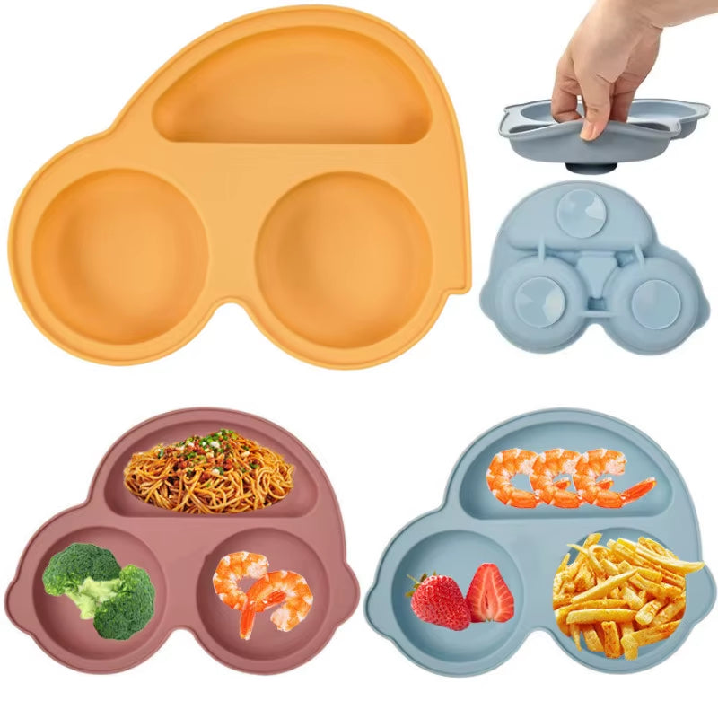 Assiette Silicone Bébé Ventouse Anti-Glisse – Forme Voiture, Sans BPA