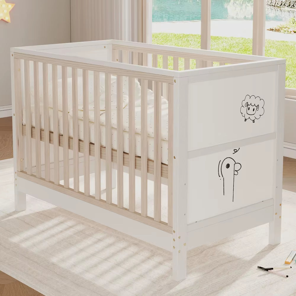 Lit bébé en pin massif avec panneaux à peindre – 120 x 60 cm, 3 hauteurs, convertible