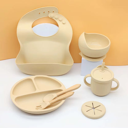 Ensemble Vaisselle Silicone Bébé 7 Pièces – Bavoir, Bol Ventouse, Tasse & Couverts