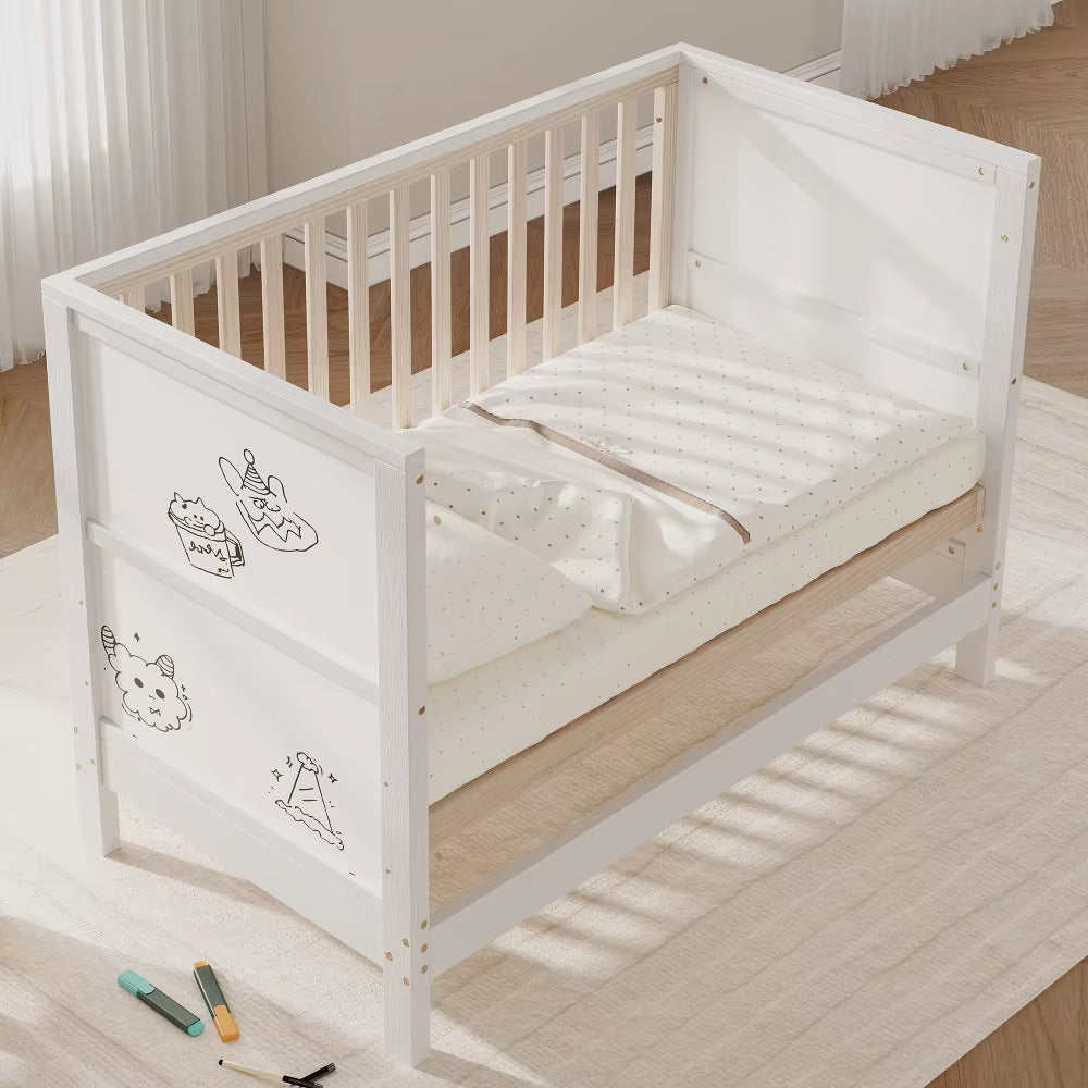 Lit bébé en pin massif avec panneaux à peindre – 120 x 60 cm, 3 hauteurs, convertible