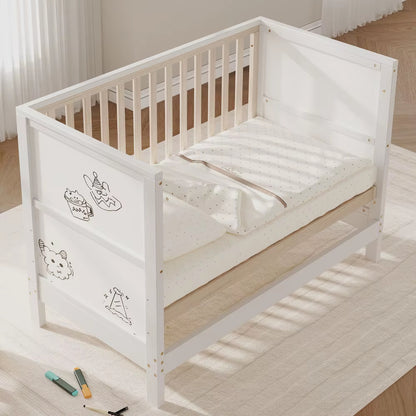 Lit bébé en pin massif avec panneaux à peindre – 120 x 60 cm, 3 hauteurs, convertible