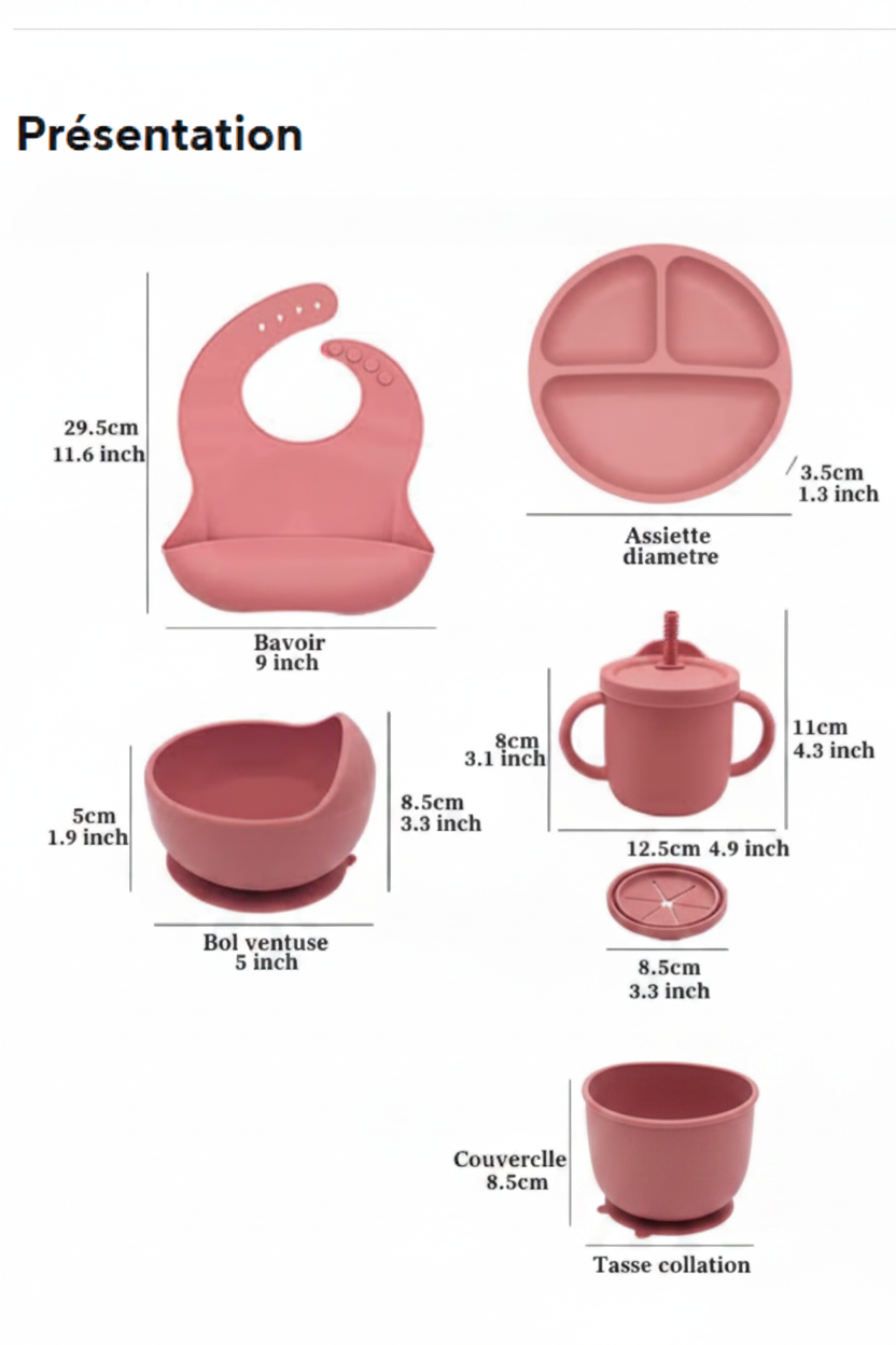 Ensemble Vaisselle Silicone Bébé 7 Pièces – Bavoir, Bol Ventouse, Tasse & Couverts